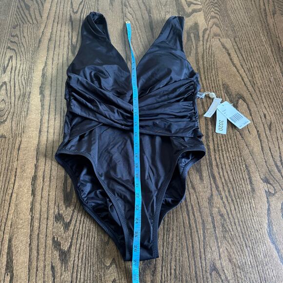 Trina Turk Solid Black Wrap Front Deep V Neck One Piece Swim Suit Size 12 - Picture 9 of 9